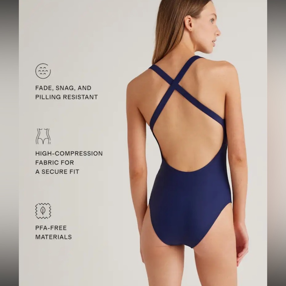 Quince New Italian cross back one piece swimsuit, medium Navy Blue